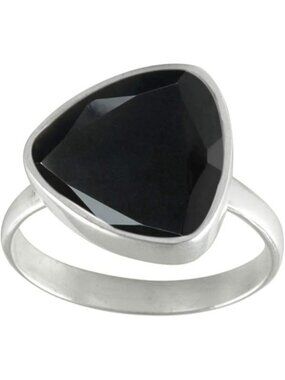 Natural-faceted Black Onyx Natural Gemstone  Trillion Shape Silver Faceted Ring